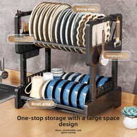 Étagère à vaisselle multifonctionnelle à 2 niveaux, grande capacité, étagère de rangement de cuisine avec porte-couverts et crochets pour ustensiles