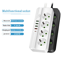 Multiprise UE avec câble d'extension de 2 m, 4 prises CA, 4 ports USB, 1 prise de charge rapide Type-C, interrupteur LED indépendant, 2500 W