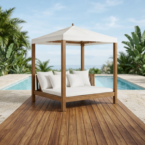 Lit de repos extérieur en teck massif avec coussins blancs pour hôtel de luxe, mobilier de jardin au bord de la piscine - Product Image 3