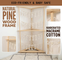 Étagère d'angle en bois pour jouets avec 4 hamacs en macramé tressé, grande capacité, organisateur de peluches, style moderne