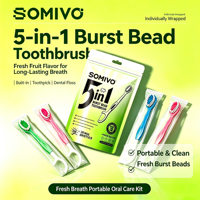 Brosse à dents jetable 5-en-1 à billes effervescentes, sans eau, sans rinçage, avec dentifrice intégré, fil dentaire, cure-dent, poils souples