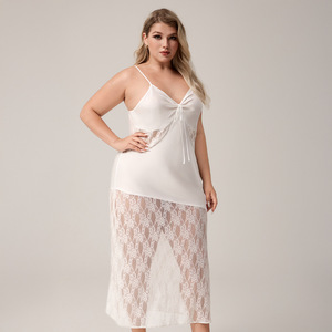 Nuevo Camisón Largo Sexy de Verano con Cintura Elástica de Satén Helado, Talla Grande Europea y Americana, con Ribete de Encaje, Ropa de Dormir Elegante para Mujer - Product Image 1