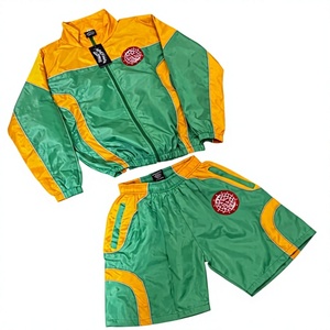 Customized Velocity Breathable Casual Windbreaker Co Ord Set Green Yellow Polyester <b>Jacket</b> Matching <b>Summer</b> Shorts Front Logo - Product Image 1