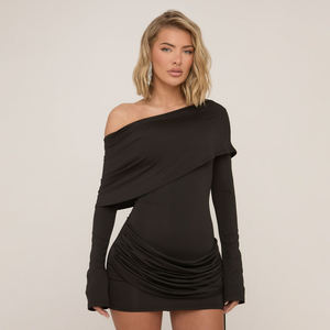 Vestido Mini Asimétrico de Un Hombro con Cintura Fruncida para Mujer, Vestido de Cóctel Bodycon de Manga Larga con Detalle de Borlas, Negro, para Fiesta - Product Image 1