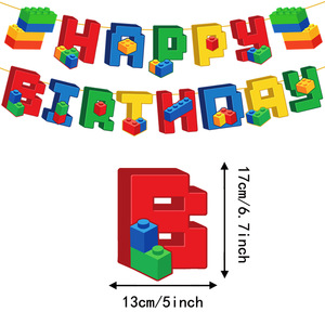 Décorations de fête d'<span class=keywords><strong>anniversaire</strong></span> sur le thème des blocs de construction, toppers de gâteau, bannières, ballons - Pack de fournitures pour fête d'<span class=keywords><strong>anniversaire</strong></span> sur le thème coloré de l'été - Product Image 5