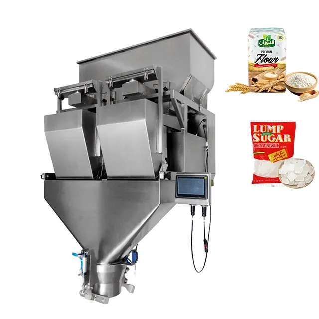 Machine de remplissage et d'emballage semi-automatique de produits en poudre et granulés de graines Peseuse linéaire à 2 têtes Machine de pesage et d'emballage