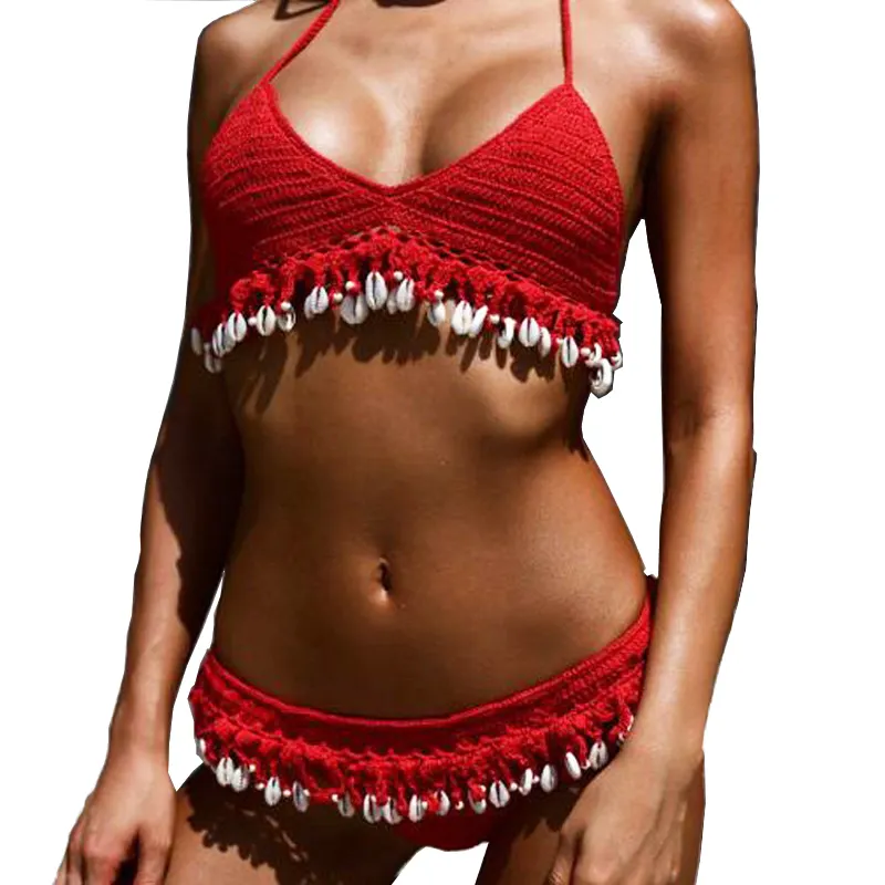 Baju renang pantai modis baru Woven seksi terpisah Bikini cangkang laut Crochet