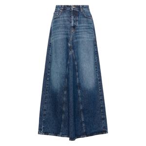 Jupes longues en jean délavé bleu décontractées sur mesure, taille haute, coupe trapèze, pour femmes - Product Image 2