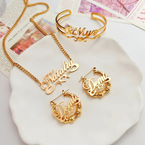 Tùy Chỉnh Cá Nhân Tên Đồ Trang Sức Tùy Chỉnh Bông Tai Vòng Cổ Vòng Đeo Tay Trang Sức Set 18K Mạ Vàng Thép Không Gỉ Vòng Đeo Tay Cho Phụ Nữ - Product Image 4