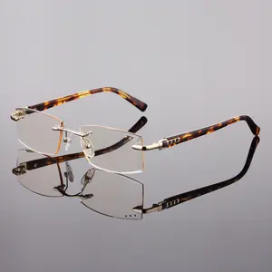 Armação de óculos estilo coreano, armação coreana de óculos com lentes de diamante, dourada, unissex, sem armação