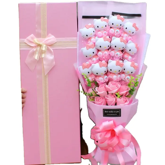 Jahitan pabrik figur Pvc buket Kitty Melody Cinnamoroll Kuromi Garage Kit mainan Teddy Bear Rabbit buket dengan kotak