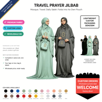 Ensemble de prière de voyage 2 pièces avec jilbab et pochette pliable, logo personnalisé, robe de prière pour femmes musulmanes, vente en gros OEM