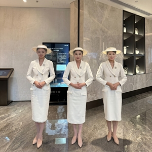 Conjunto de Traje OEM ODM para <span class=keywords><strong>Mujer</strong></span>, Blazer con Cuello Chal Blanco, Doble Botonadura, Falda Peplum, para Recepción de Hotel, Ropa Profesional - Product Image 3
