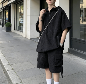 Conjunto de Dos Piezas para <span class=keywords><strong>Hombre</strong></span>, Estilo Americano, Verano 2026, Informal, Deportivo, Holgado, con Cierre, Camiseta de Manga Corta y Pantalones Cortos con Capucha - Product Image 4