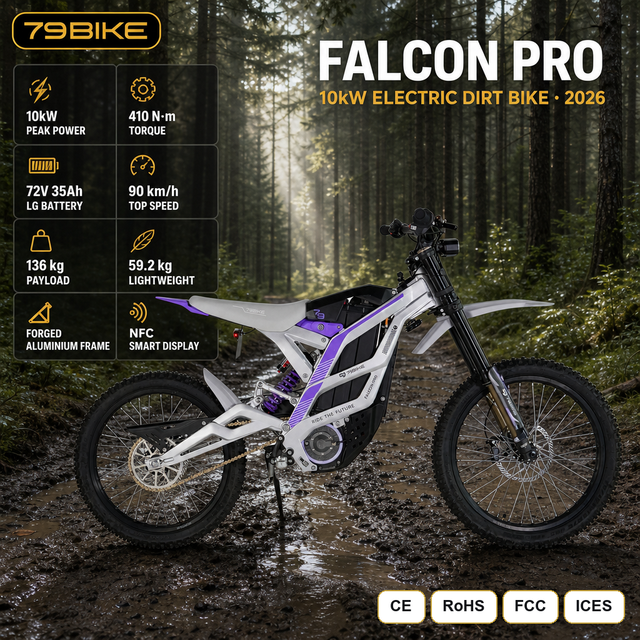 79BIKE Falcon-Pro 72V 10kW Peak Power Electric Dirt Bike Sur-ron Style IP67 410Nm 120km Range 90km/h High Speed Off-road E-Bike