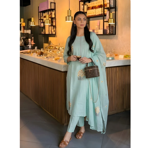 Seafoam Blue Floral Embroidered Cotton 3 <b>Piece</b> Stylish Women Ethnic Wear Kurta Pant Set Wrinkle Free Quick Dry for Casual - Product Image 2