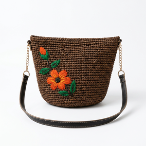 Bolso bandolera bohemio de rafia con bordado de animales de dibujos animados, correa para el hombro, bolso informal de capacidad media para mujer - Product Image 2