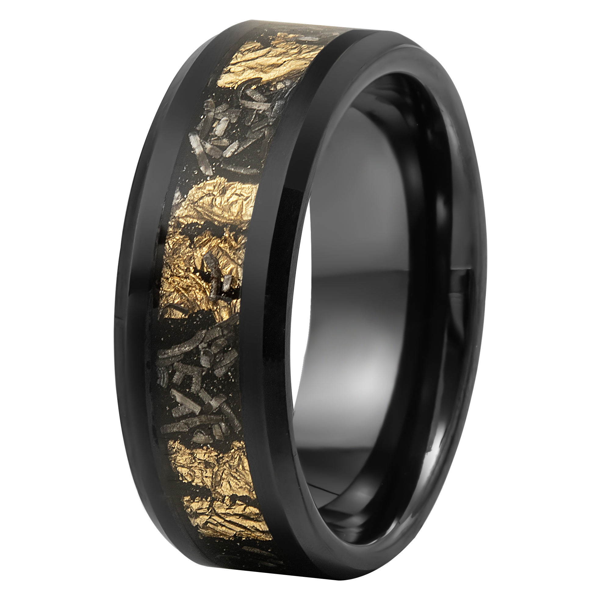POYA Unisex 8mm Men Women Black Tungsten Carbide Wedding Ring Gold Foils & Meteorite Inlay Beveled Edges Fashion Jewelry