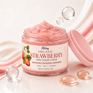 Gommage corporel au beurre de karité et à la fraise biologique, exfoliant naturel au sucre, blanchissant et hydratant, marque privée, OEM, approvisionnement en gros - Product Image 1