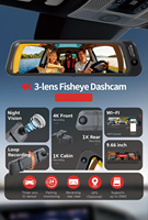 Caméra de tableau de bord DVR pour voiture avec triple objectif 9,66 pouces, vision nocturne, Wi-Fi, application, GPS, 180 degrés, caméra avant 4K + caméra arrière 1K, ODM/OEM