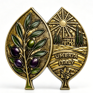 Médaille souvenir en laiton plaqué or d'Umbria, Italie, de forme irrégulière, avec impression en relief sur le thème des fruits, pièce de collection - Product Image 4