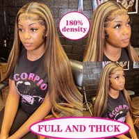 Peluca de Cabello Humano Liso con Reflejos, Pelucas de Encaje HD para Mujeres Negras, Sin Pegamento, Pre-Desplumada con Cabello de Bebé