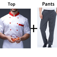 Ensemble uniforme de chef 2 pièces avec logo personnalisé, veste à double boutonnage à manches courtes et pantalon rayé pour restaurant