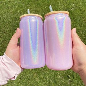 Vaso de Vidrio Sublimable de 16oz con Brillo Holográfico Blanco Arcoíris, con Tapas y Pajitas para Sublimación por Transferencia Térmica - Product Image 3