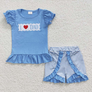 Conjunto de Ropa para Bebés y Niños Pequeños al por Mayor para el Día del Padre, con Bordado de 'I Love Dad', Pantalones Cortos a Rayas, 2 Piezas, Vestido, Mameluco, Ropa de Verano - Product Image 2