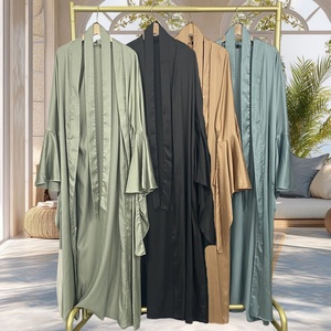 Women 2 Pieces Abaya <b>Set</b> Chic Lace up Waist Inner Dress and Ruffle Sleeves Cardigan Smooth Thin Satin Eid Muslim Abaya 1925# - Product Image 5