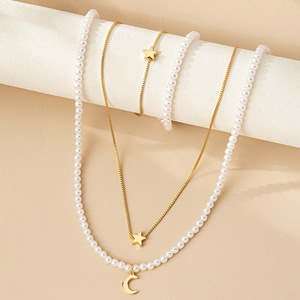 European and American style retro faux pearl five-pointed star beaded necklace and <b>bracelet</b> <b>set</b>, versatile moon pendant - Product Image 4