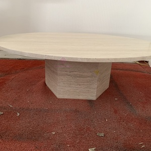 Tavolino rotondo in pietra di travertino bianco artigianale <span class=keywords><strong>esagonale</strong></span> <span class=keywords><strong>Base</strong></span> solida moderno pezzo di dichiarazione del soggiorno contemporaneo - Product Image 3