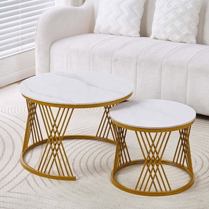 Wholesale Price Luxury Minimalist Style Retractable Handmade White Wooden <strong>Coffee</strong> <strong>Table</strong> <strong>Set</strong> with Stable Gold Base Home Furniture - Product Image 3
