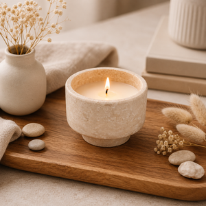 Portavelas Redondo de Travertino Beige NANWEI, Recipiente para Velas de Té de Piedra Natural Porosa, para Mesa de Comedor, Decoración del Hogar - Product Image 1