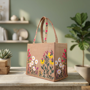 Bolsa de Yute con Patrón Geométrico de Alta Calidad, Bolsa Reutilizable para Clientes de Librerías y Papelerías a Buen Precio - Product Image 1