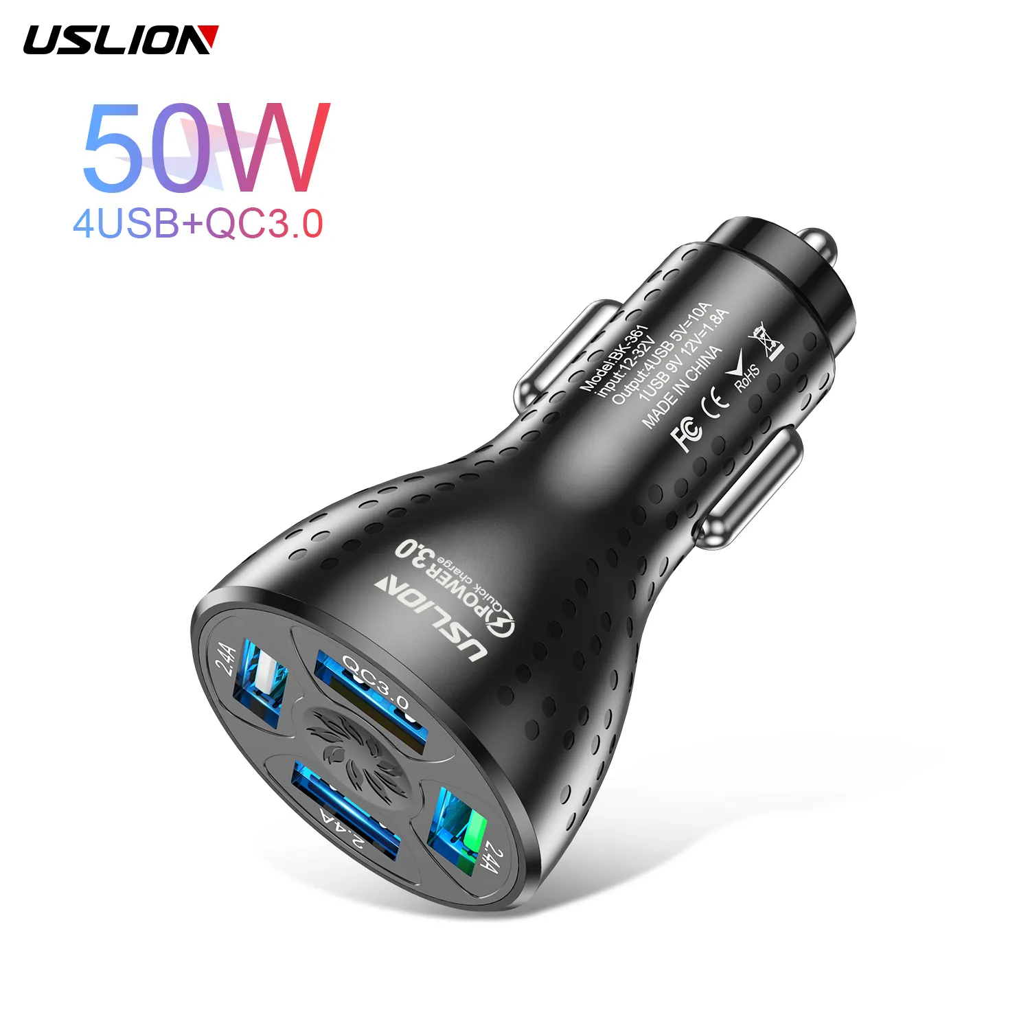 USLION 4 Ports USB Car Charger Quick Mini Fast Charging USB Car Phone Charger Adapter For iPhone 14 Xiaomi Samsung