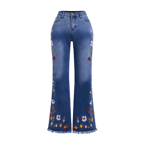 Nouveau jean pour <span class=keywords><strong>femme</strong></span> à jambe droite, taille mi-haute, brodé, à haute élasticité, coupe ample et décontractée, motif floral, vente directe usine - Product Image 1