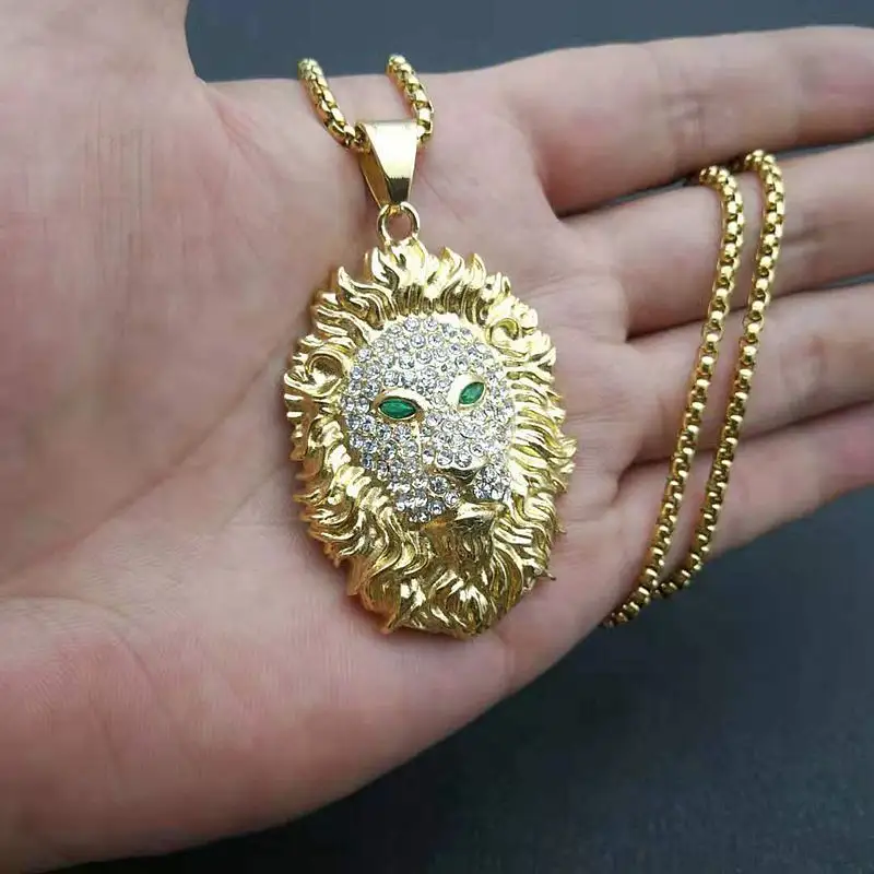 Blues RTS Hip Hop Newest Designer Stainless Steel Iced Out Crystal Rap Mens Green Eye Lion Pendant Lion King 18K Gold Pendant