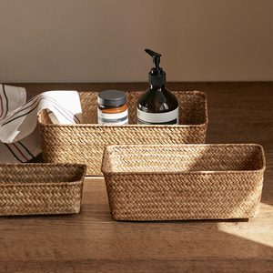 Seagrass Storage Basket Rattan Woven Bamboo Organizer Rectangular Desktop Sundries Basket