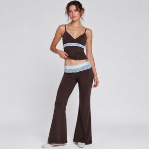 Women's 2 Piece Short Lace Trim Color Block Sleeveless Cami Top Low Rise Wide Leg Pants Summer <b>Set</b> - Product Image 6