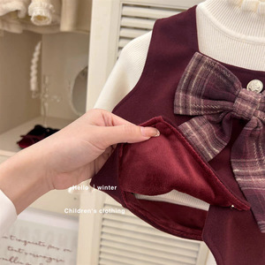 Girls Pleated Skirt Set Autumn Winter Korean Style Two Piece With Bow Cotton Fleece Lined Schoolgirl Outfit - Product Image 4