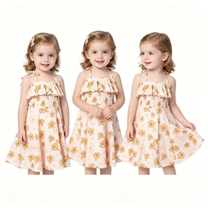 Vestido de Bambú/Algodón Personalizado para Niñas con Tirantes Ajustables, Cuello Fruncido, Mangas Cortas Tipo Linterna con Volantes y Pétalos para Bebés y Niñas Pequeñas - Product Image 1