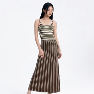 Robe d'été décontractée en tricot ajouré personnalisée, ensemble débardeur et jupe longue, palette vert-marron-moutarde pour femme - Product Image 1