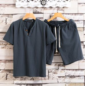 Liu Ming yeni kore moda bahar yaz erkekler rahat düz renk takım elbise pamuk keten 2 parça kısa kollu T Shirt şort takımı - Product Image 4