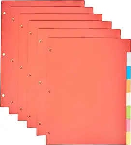 Assorted Color Letter Size Basics 3-Ring Binder Plastic Divider Set 3-Hole Punched File Folder