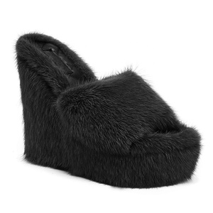 Mules en fourrure à bout ouvert pour femmes, talons hauts moelleux, <span class=keywords><strong>plateforme</strong></span> <span class=keywords><strong>rose</strong></span>, sandales compensées - Product Image 6