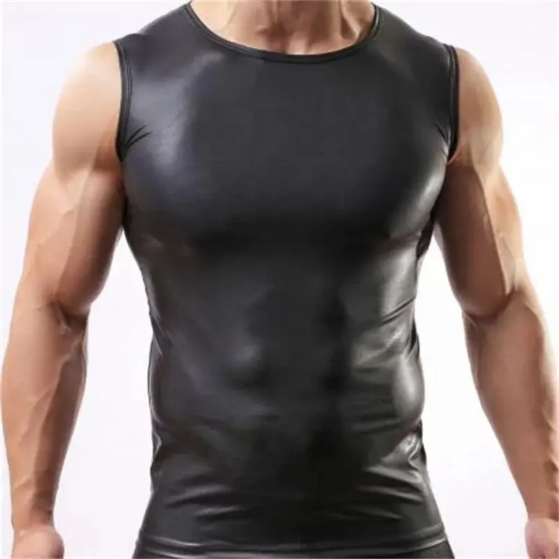 Camisas sin mangas de cuero PU para hombre, Tops sin mangas elásticos con envoltura moldeadora erótica, camisetas de charol de látex suave Bodycon sexys