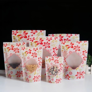 Vente en gros de fleurs rouges imprimées avec fenêtre transparente pour biscuits, bonbons, pochettes debout pour emballage alimentaire - Product Image 2