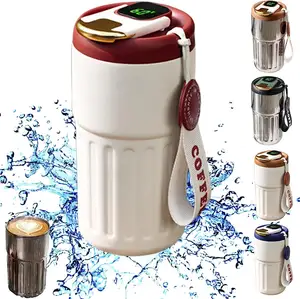 14 Unzen edelstahl isolierte Kaffeetasse, Reisetasse Thermos mit Riemen LED-Anzeige für Kaffee-Wasser 450 ml