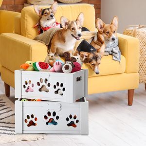 Boîte de rangement en bois blanc pour jouets d'animaux avec poignées, bacs empilables, étui à découpe en forme d'os de chien - Product Image 2